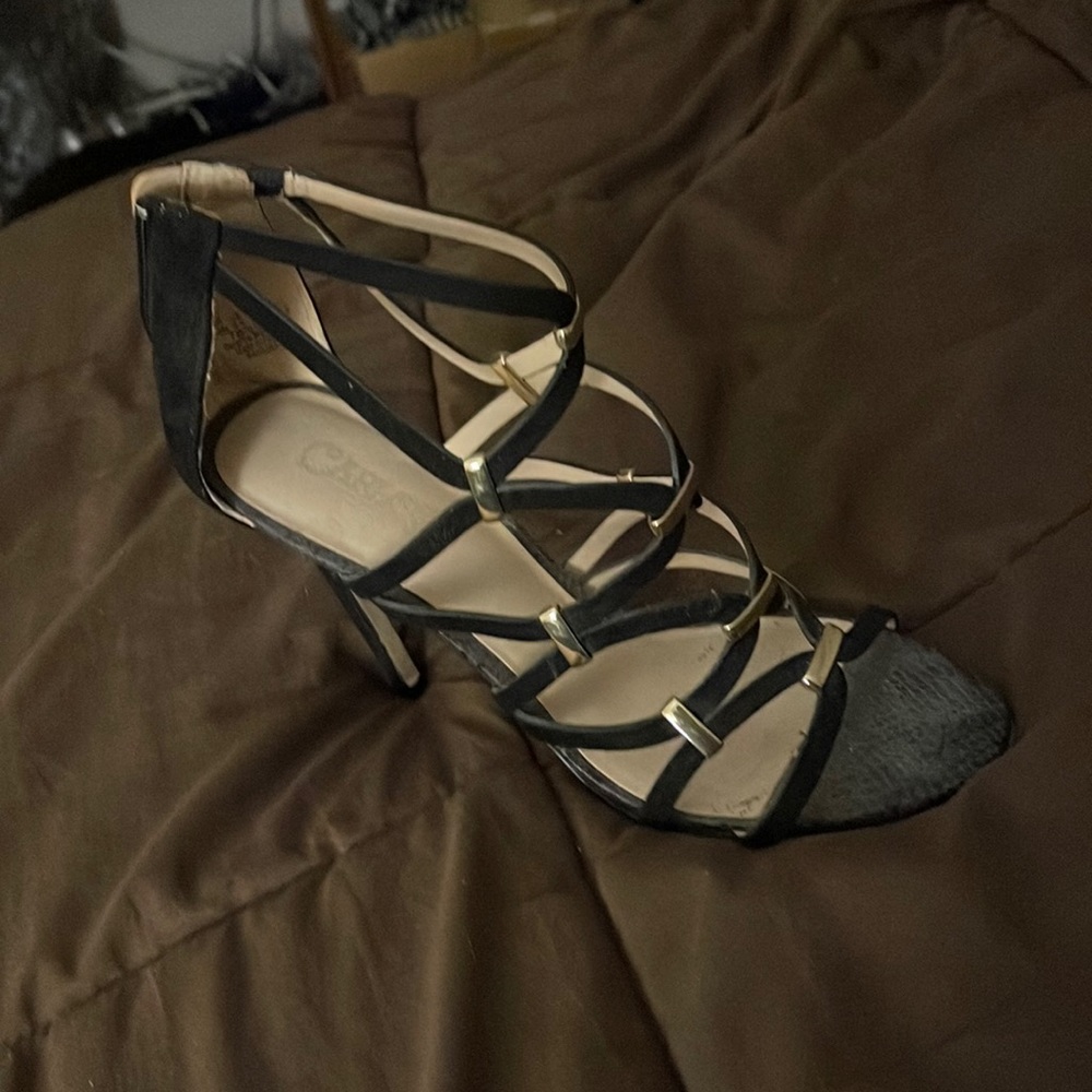 Size 8 black high heel gold accent sandal